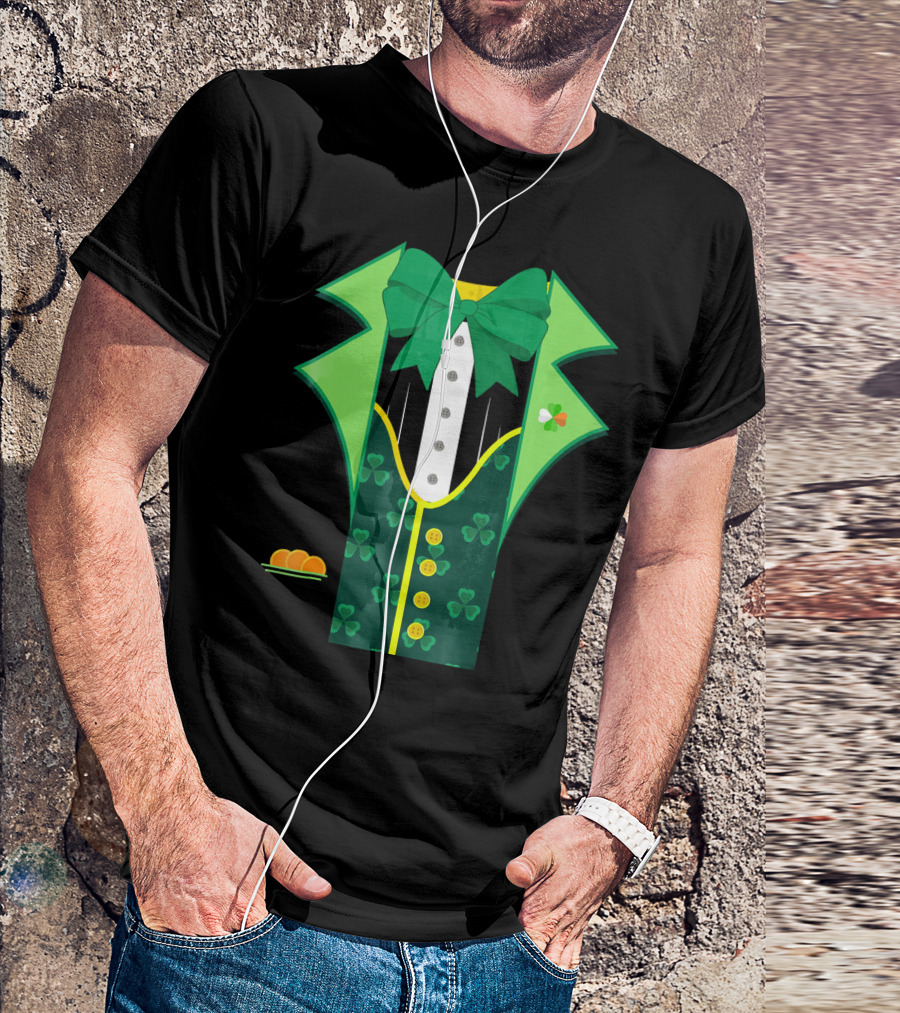 Leprechaun Costume One Sided Green Suit With Bow Tie And Shamrock Symbols T-Shirt