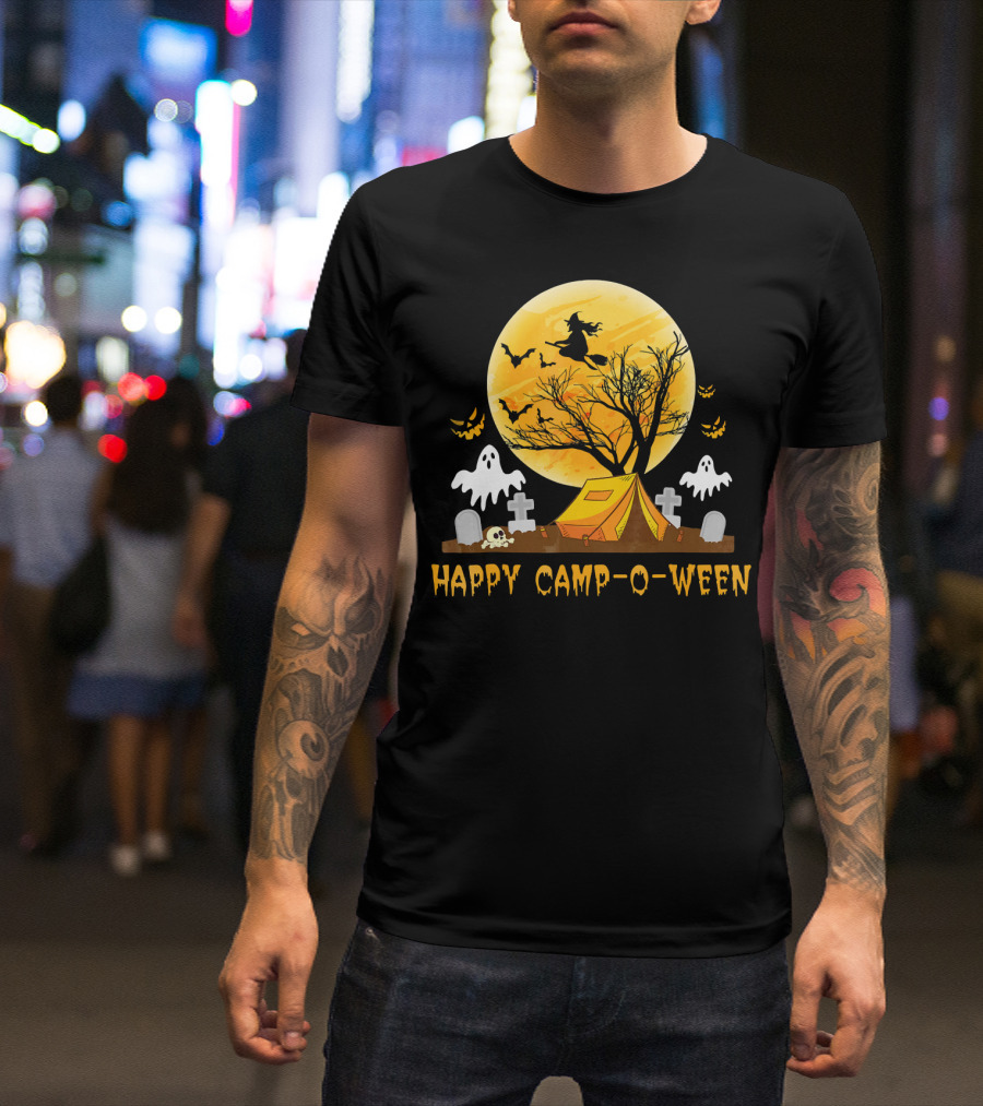 Happy Camp-O-Ween Witch Ghosts Halloween Camping Graveyard Moon T-Shirt