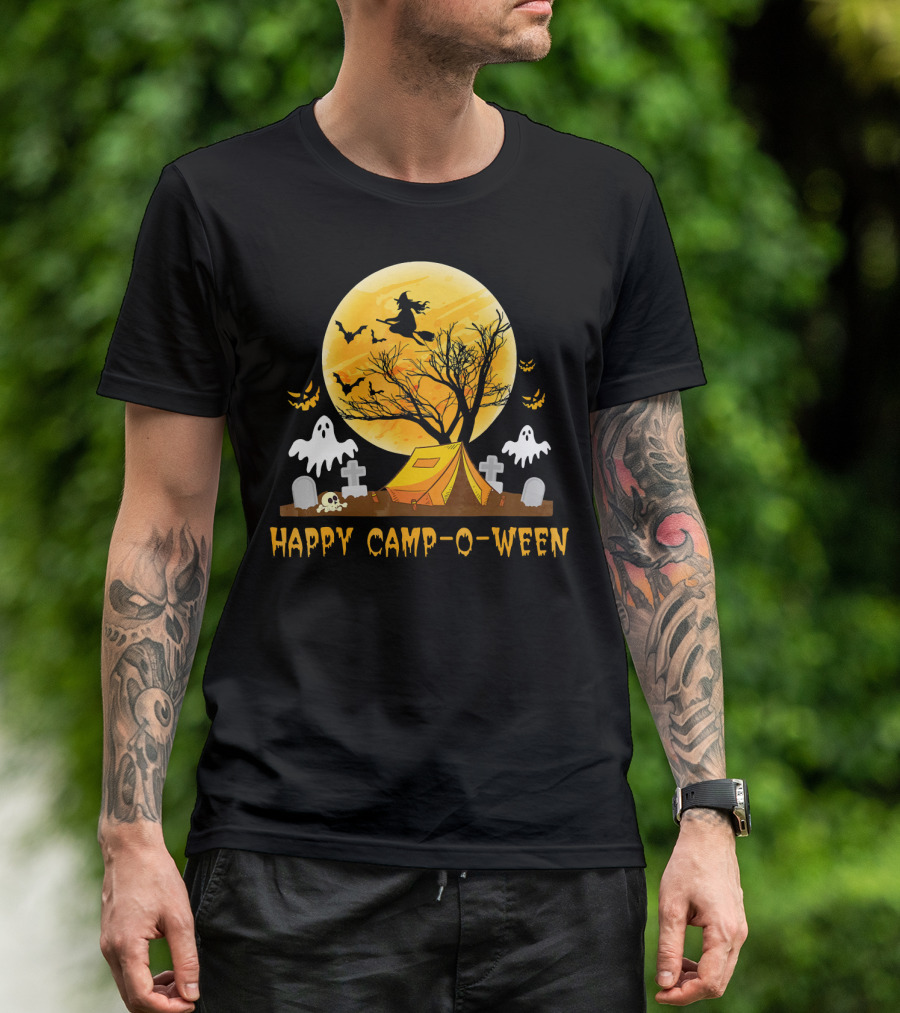 Happy Camp-O-Ween Witch Ghosts Halloween Camping Graveyard Moon T-Shirt