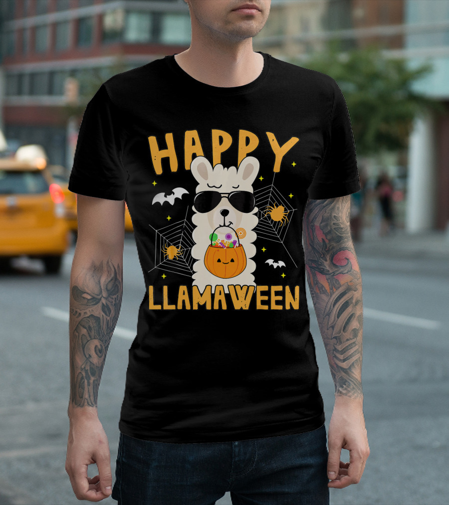 Happy Llamaween Halloween Llama With Sunglasses And Candy Basket T-Shirt