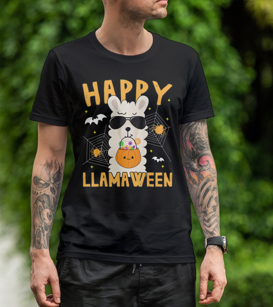 Happy Llamaween Halloween Llama With Sunglasses And Candy Basket T-Shirt
