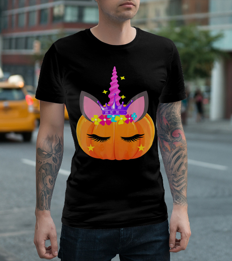 Halloween Pumpkin Unicorn with Floral Crown and Stars T-Shirt