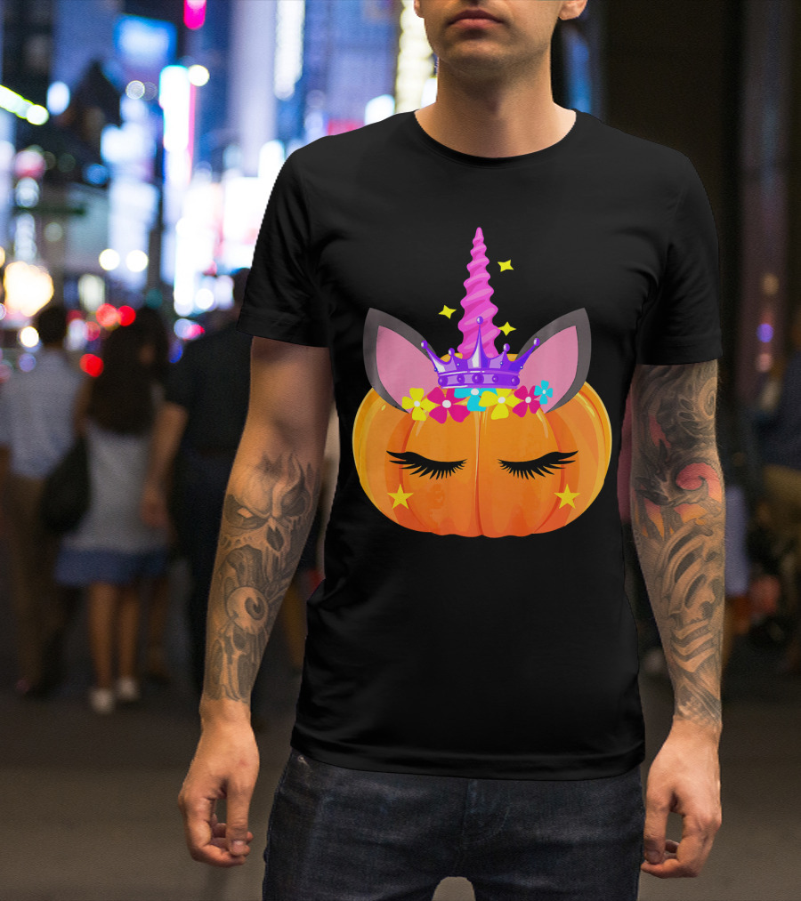 Halloween Pumpkin Unicorn With Floral Crown And Stars T-Shirt