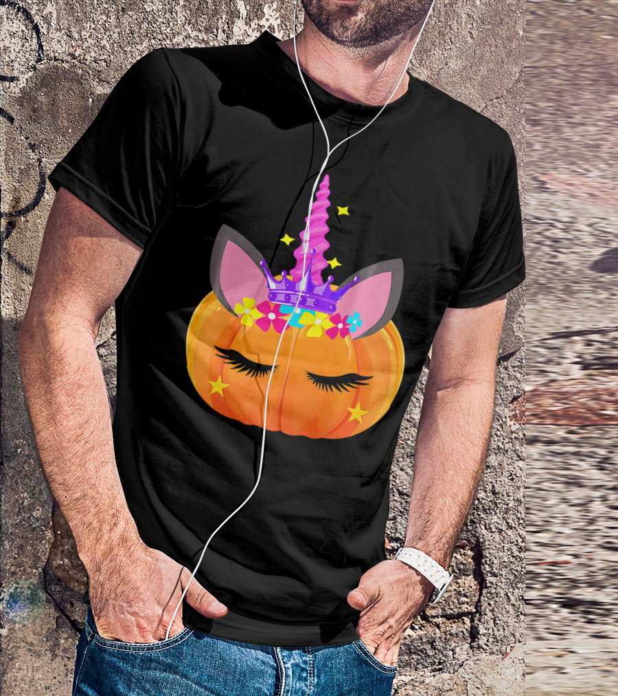 Halloween Pumpkin Unicorn With Floral Crown And Stars T-Shirt