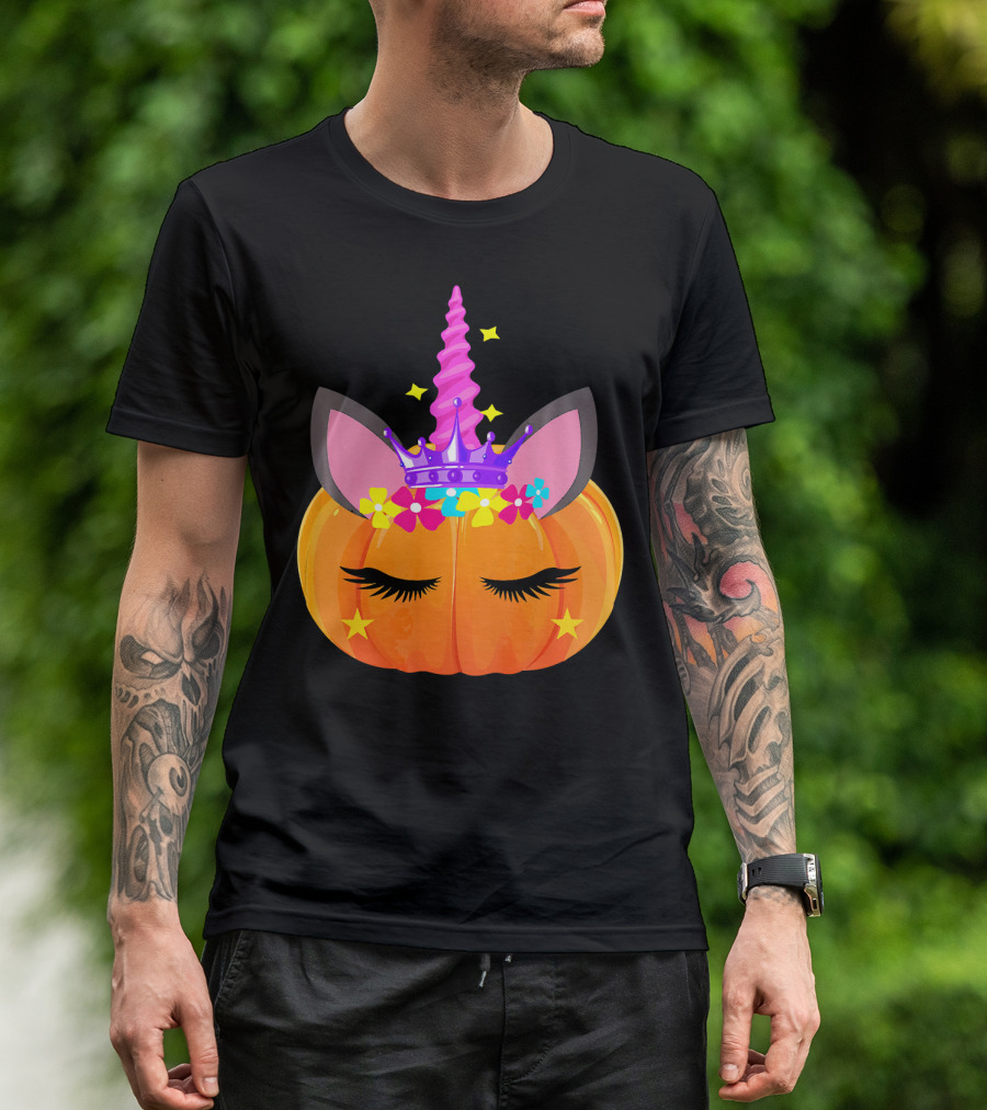 Halloween Pumpkin Unicorn With Floral Crown And Stars T-Shirt