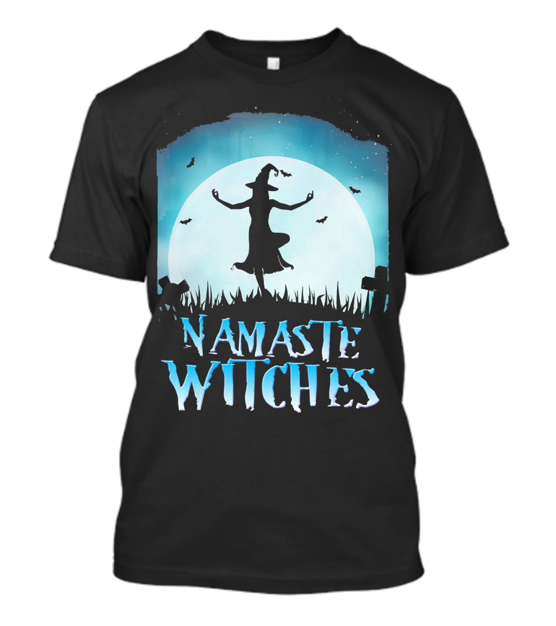 Namaste Witches Yoga Moonlit Halloween Scene With Dancing Witch And Bats T-Shirt