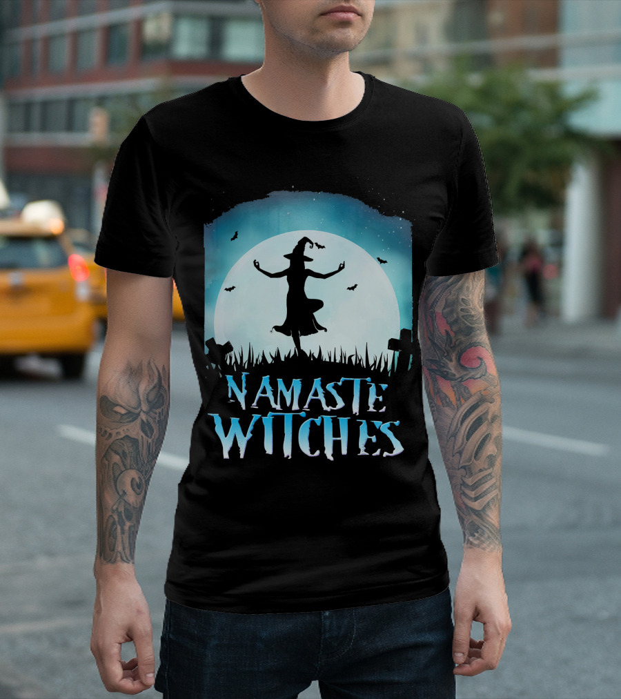 Namaste Witches Yoga Moonlit Halloween Scene With Dancing Witch And Bats T-Shirt