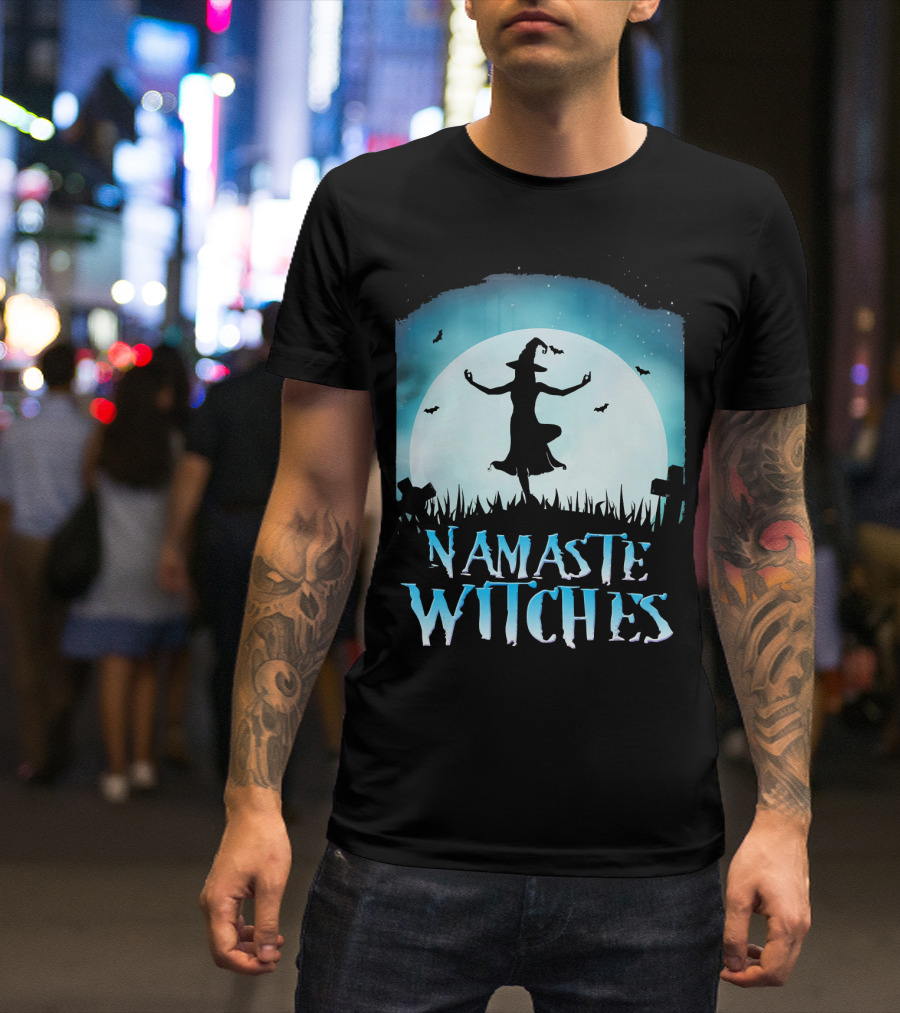 Namaste Witches Yoga Moonlit Halloween Scene With Dancing Witch And Bats T-Shirt