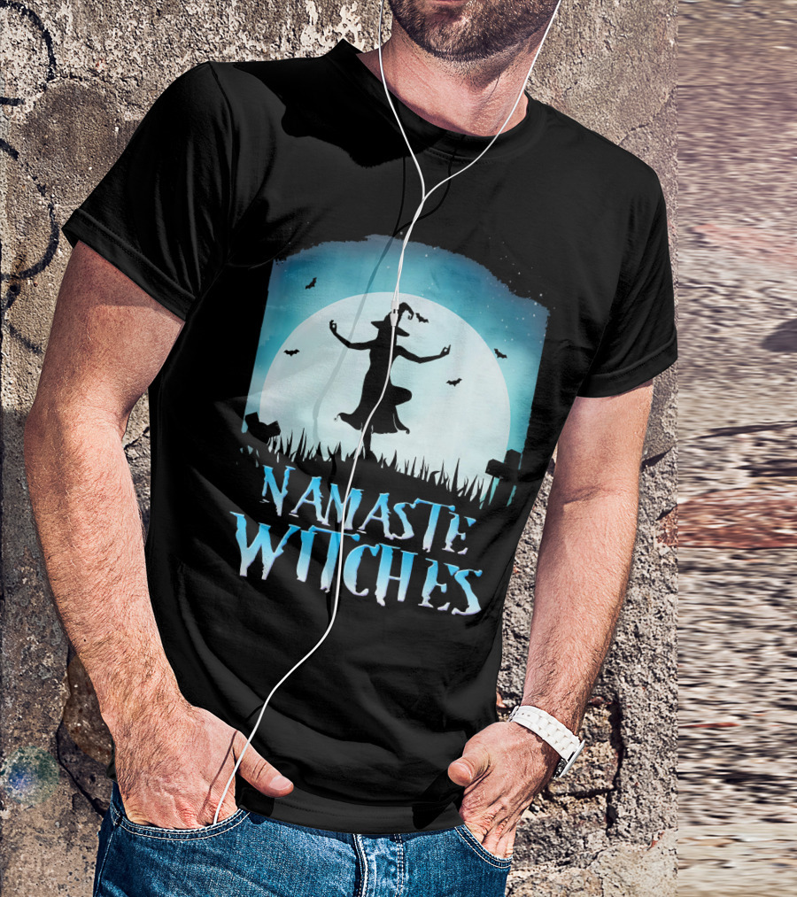 Namaste Witches Yoga Moonlit Halloween Scene With Dancing Witch And Bats T-Shirt