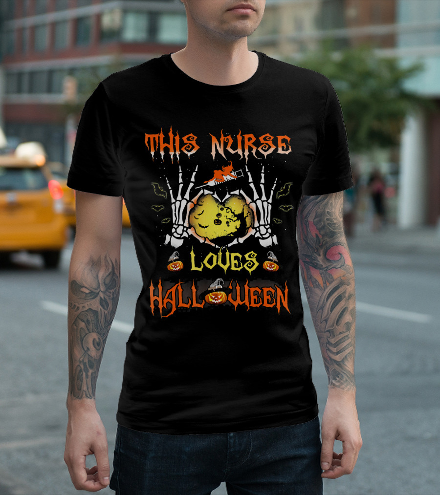 This Nurse Loves Halloween Pumpkin Skeleton Hands T-Shirt