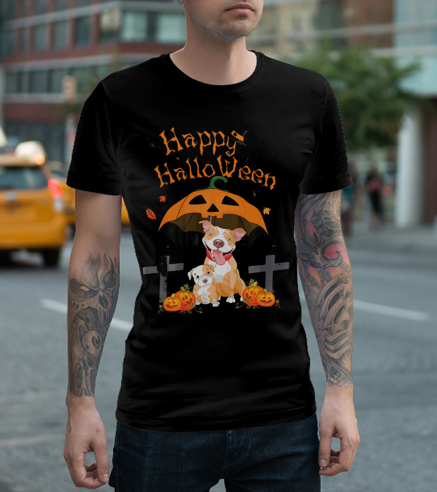 Happy Halloween Pumpkin Pitbulls With Jack O'Lantern And Crosses T-Shirt