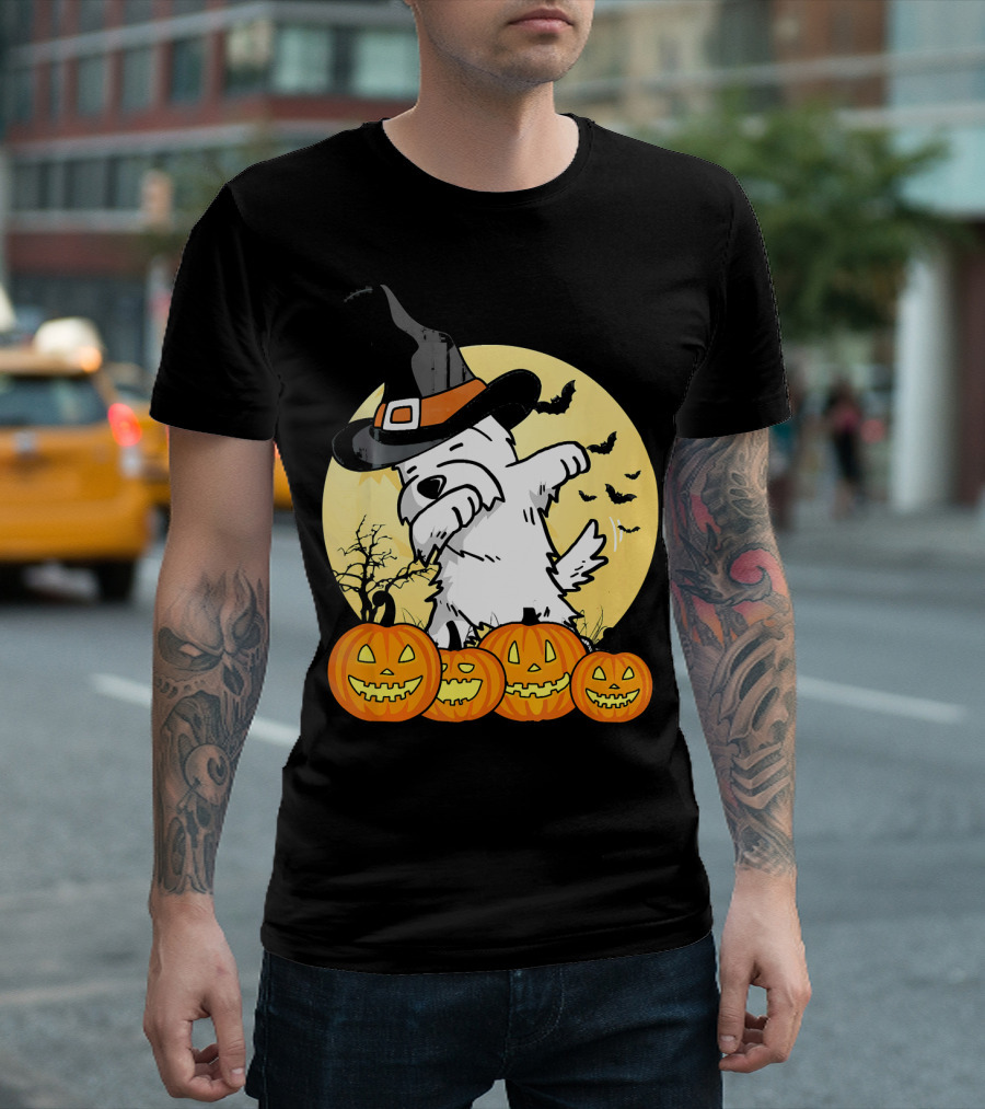 Funny Dabbing Westie Witch With Pumpkins And Bats Halloween Dog Dance T-Shirt