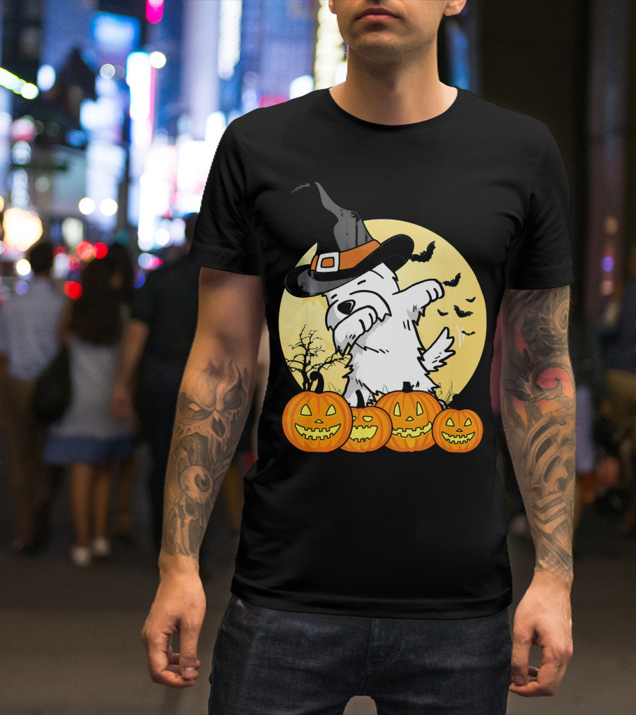 Funny Dabbing Westie Witch With Pumpkins And Bats Halloween Dog Dance T-Shirt