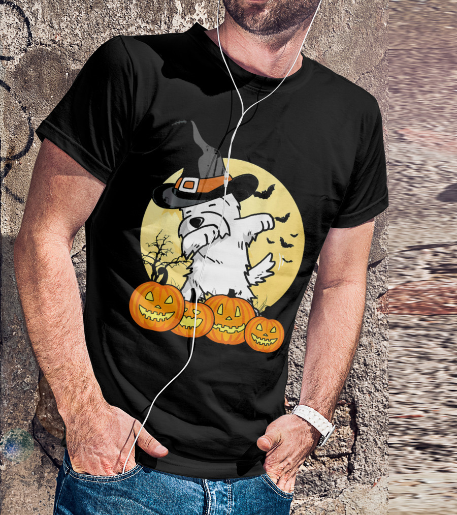 Funny Dabbing Westie Witch With Pumpkins And Bats Halloween Dog Dance T-Shirt