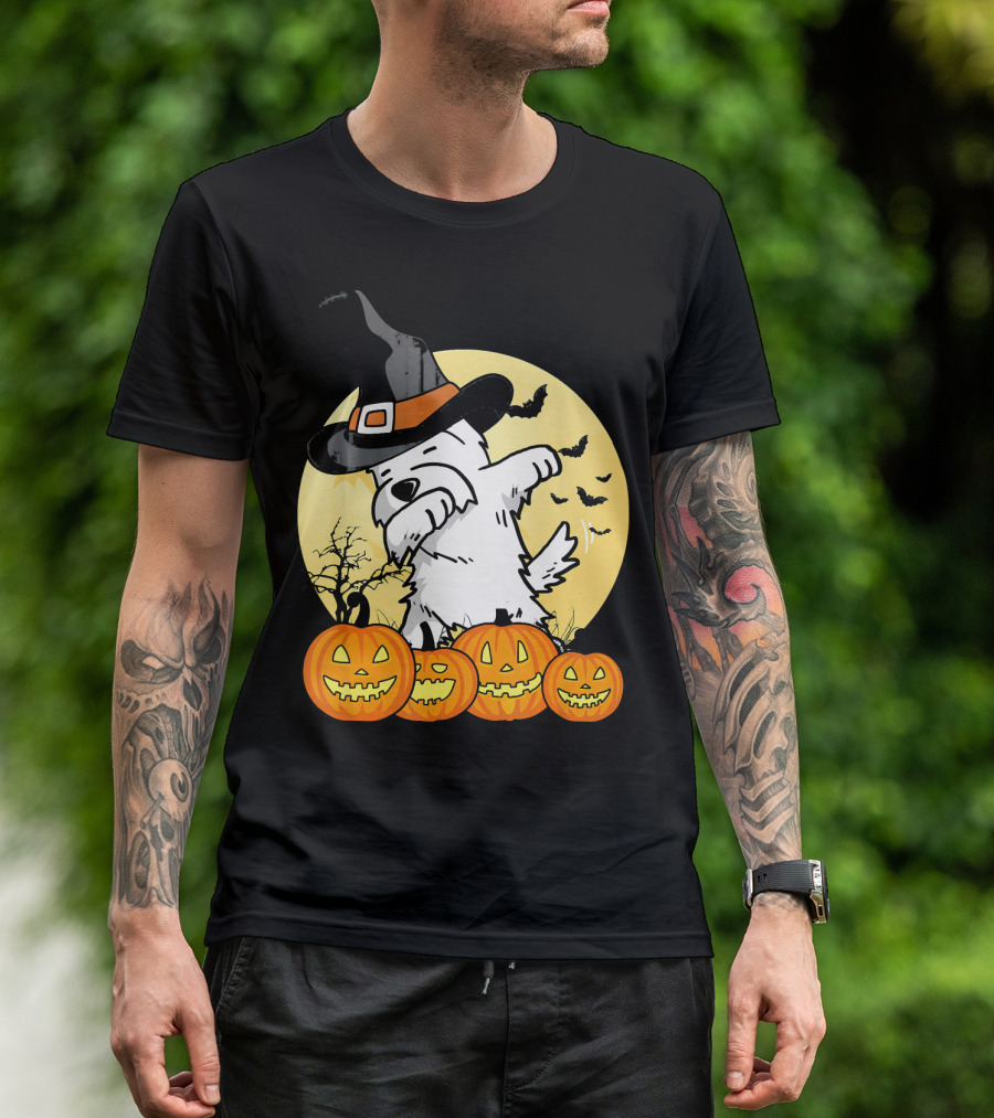 Funny Dabbing Westie Witch With Pumpkins And Bats Halloween Dog Dance T-Shirt