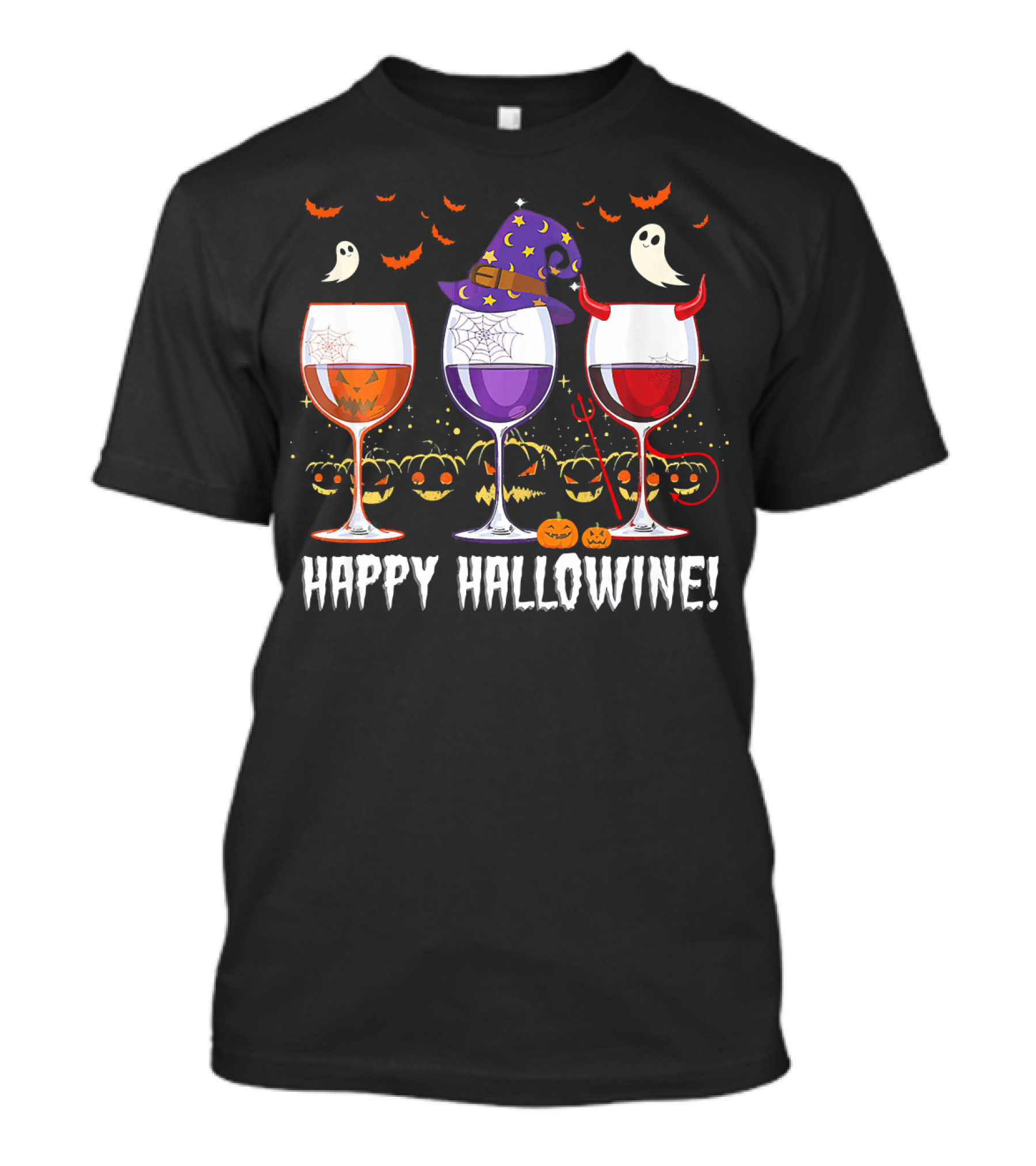 Happy Hallowine Ghosts Pumpkins Witch Hat Devil Horns Wine Glasses T-Shirt
