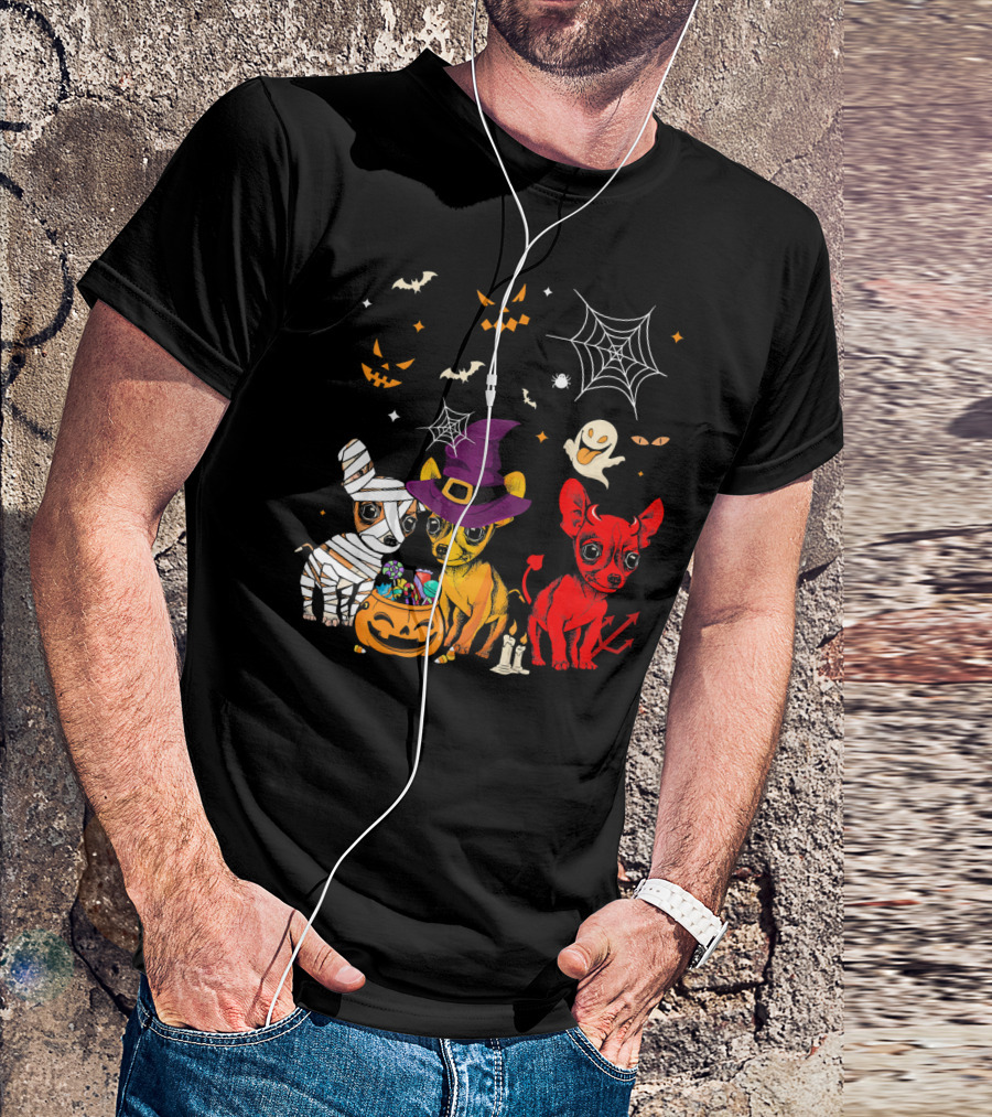 Three Chihuahuas Halloween Mummy Witch Devil T-Shirt