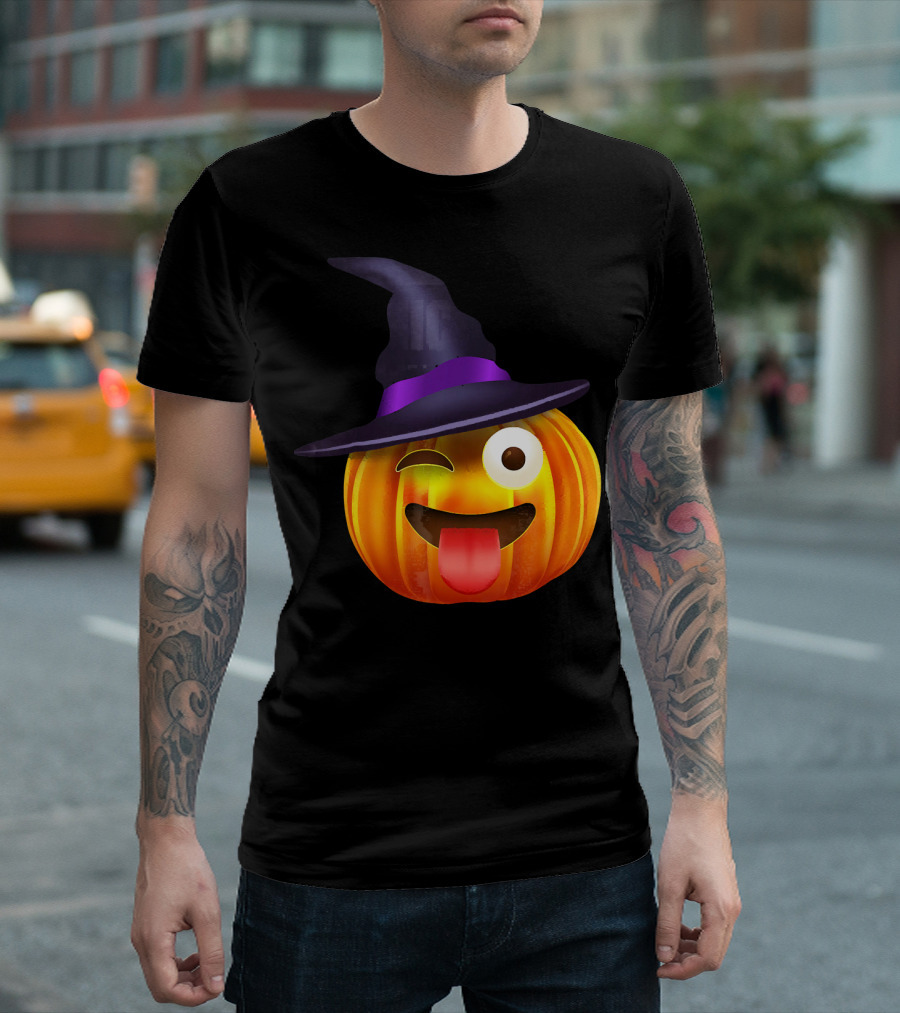 Halloween Costume Emoji Pumpkin Witch Hat Face T-Shirt