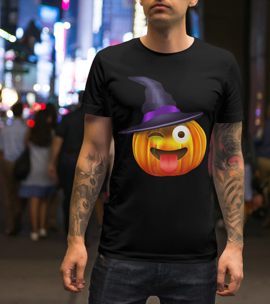 Halloween Costume Emoji Pumpkin Witch Hat Face T-Shirt