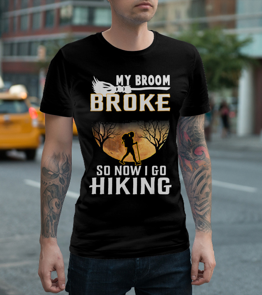 My Broom Broke So Now I Go Hiking Full Moon Silhouette Adventure T-Shirt