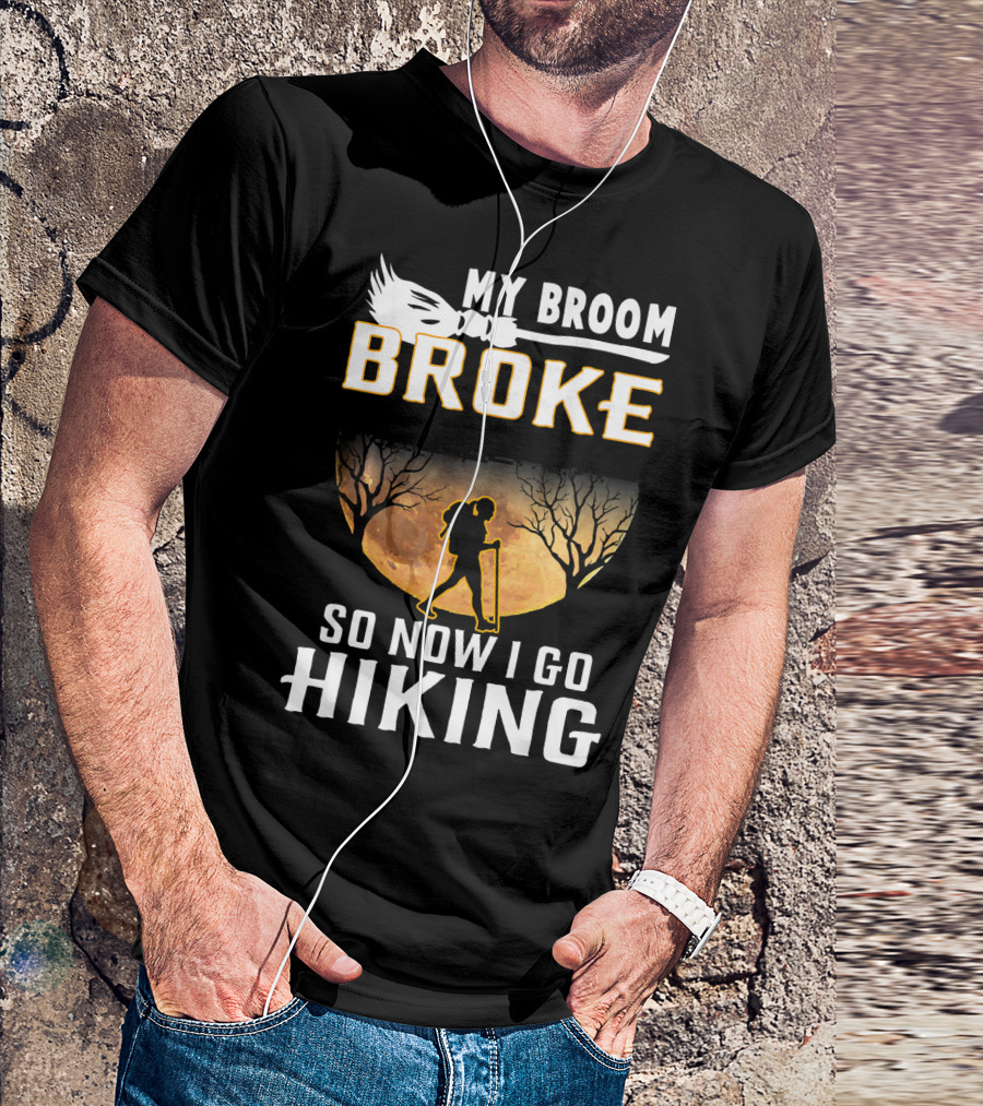 My Broom Broke So Now I Go Hiking Full Moon Silhouette Adventure T-Shirt