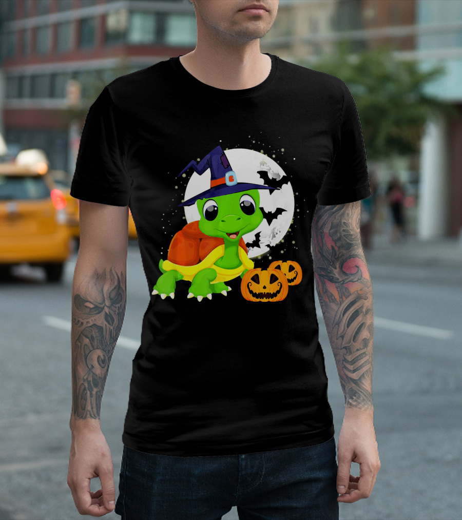 Turtle Witch Halloween Pumpkin Moon and Bats T-Shirt
