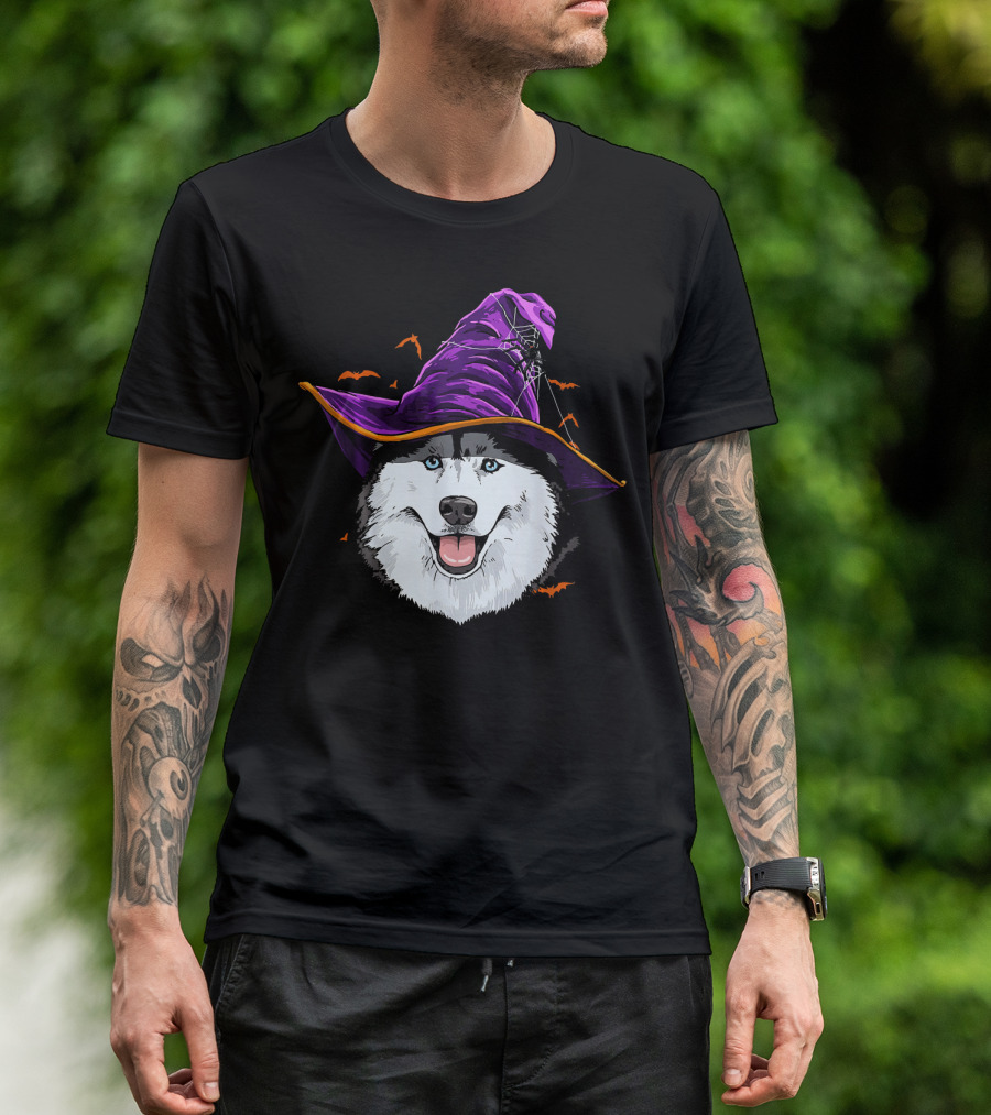 Siberian Husky Purple Witch Hat With Bats And Cobwebs T-Shirt
