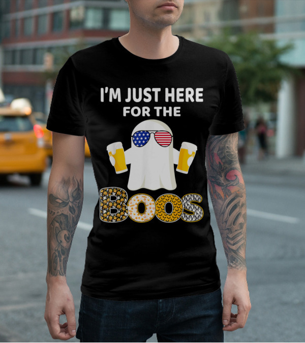 I'm Just Here For The Boos Ghost With American Flag Sunglasses And Beer T-Shirt