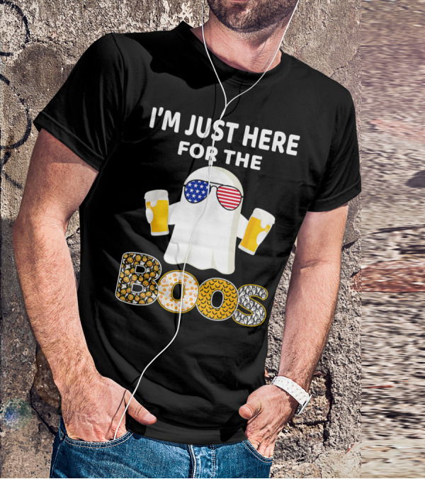 I'm Just Here For The Boos Ghost With American Flag Sunglasses And Beer T-Shirt