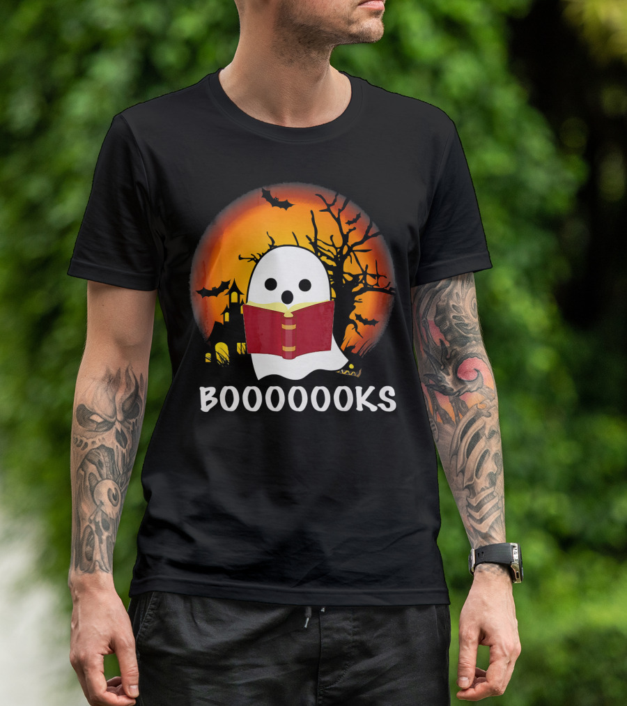 Boo Read Books Halloween Boooooooks Ghost With Red Book And Spooky Bats T-Shirt