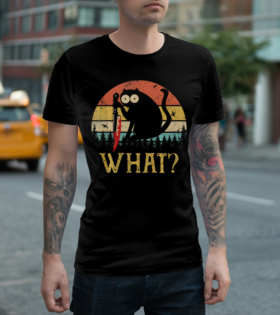 What Knife Funny Murderous Black Cat Retro Sunset T-Shirt