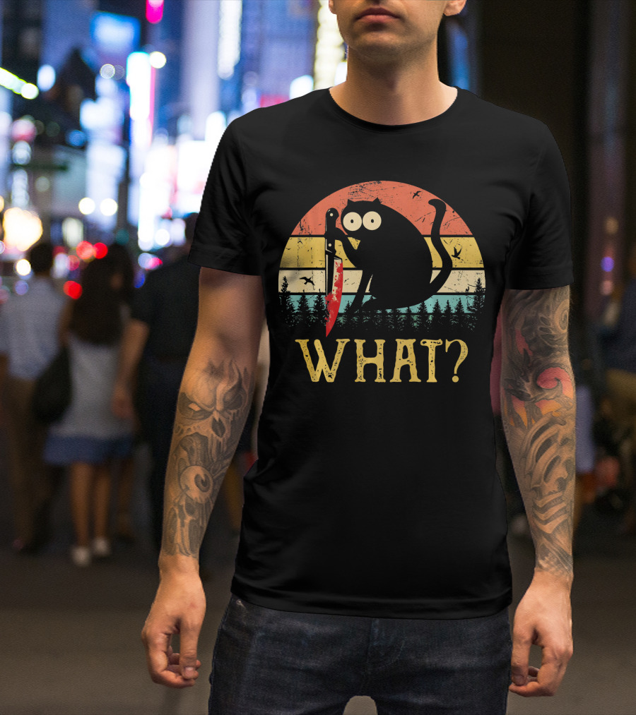 What Knife Funny Murderous Black Cat Retro Sunset T-Shirt