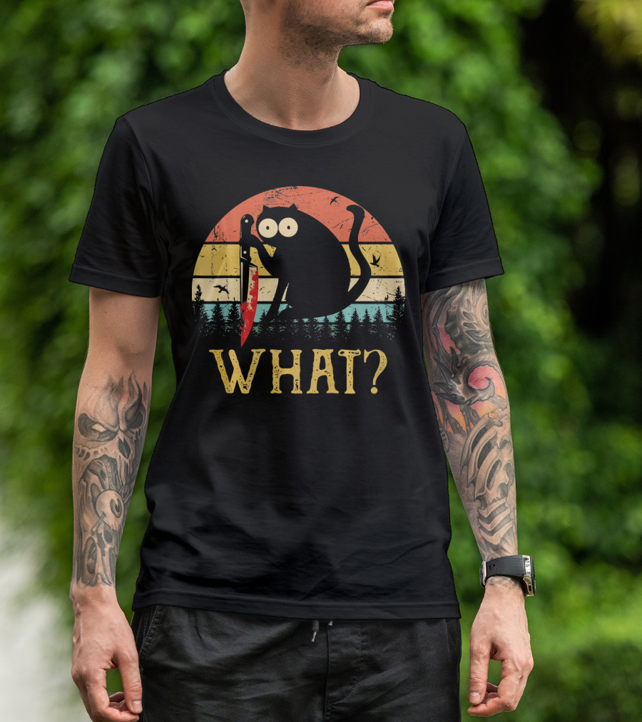 What Knife Funny Murderous Black Cat Retro Sunset T-Shirt