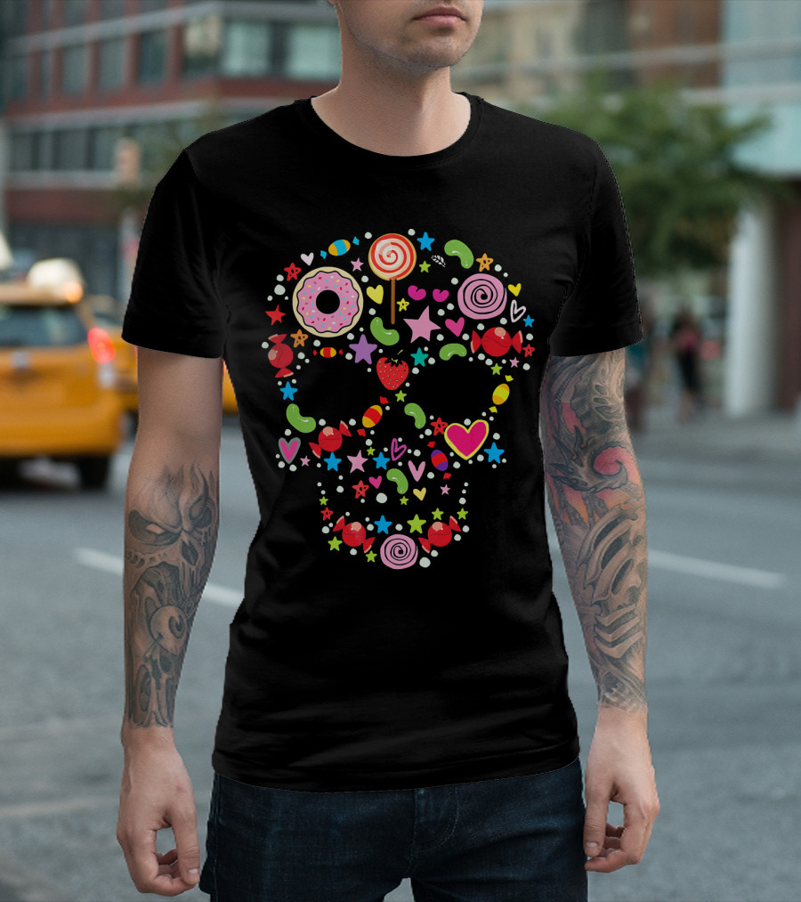 Candy Skull Día de los Muertos Colorful Sweets and Stars T-Shirt