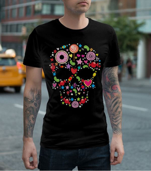 Candy Skull Día De Los Muertos Colorful Sweets And Stars T-Shirt