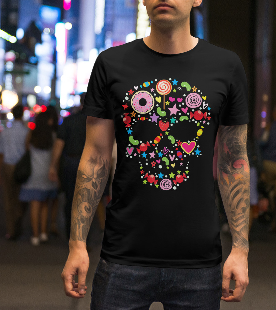 Candy Skull Día De Los Muertos Colorful Sweets And Stars T-Shirt
