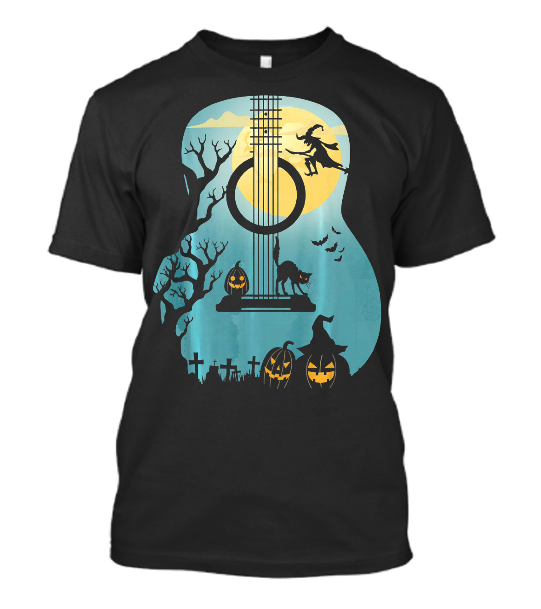 Halloween Guitar Witch Cat Pumpkins And Bat Scene T-Shirt