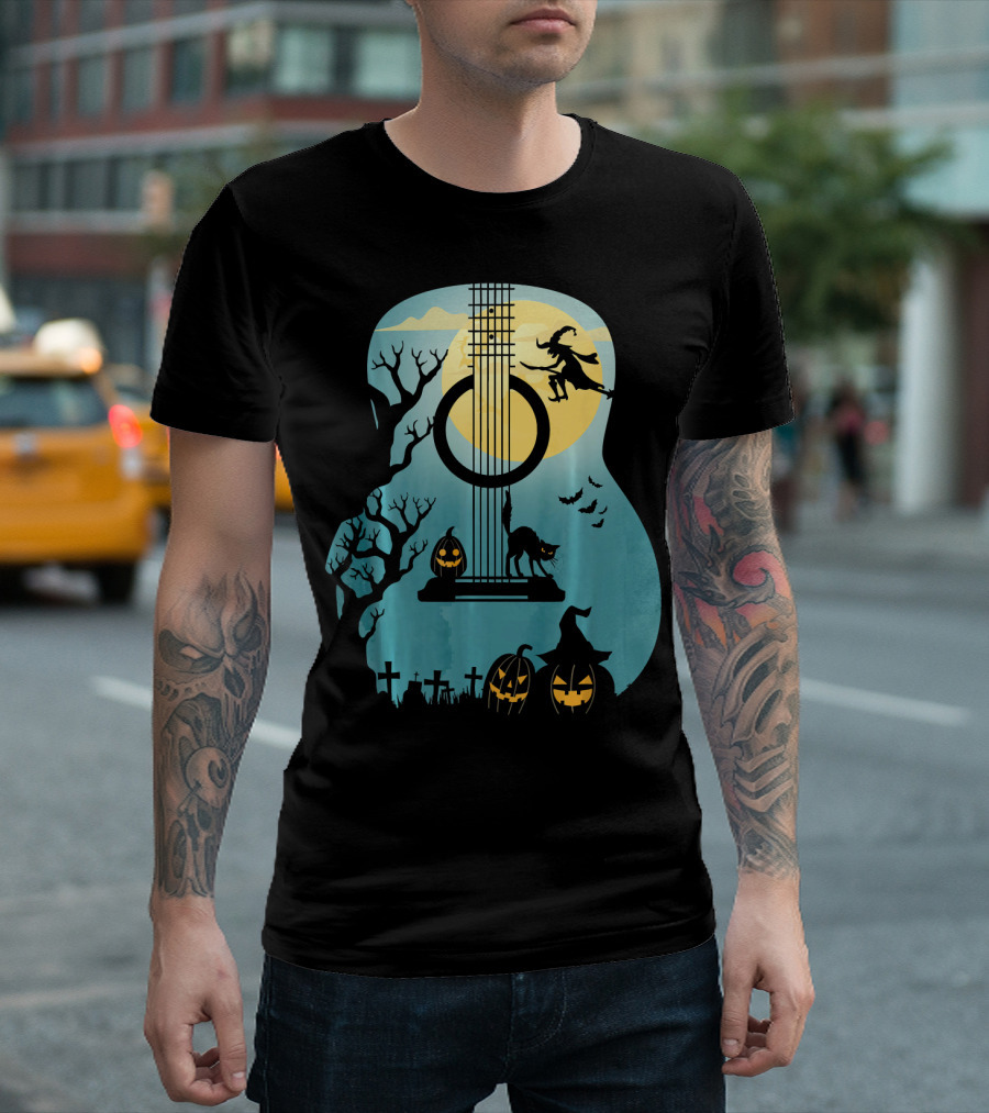 Halloween Guitar Witch Cat Pumpkins And Bat Scene T-Shirt