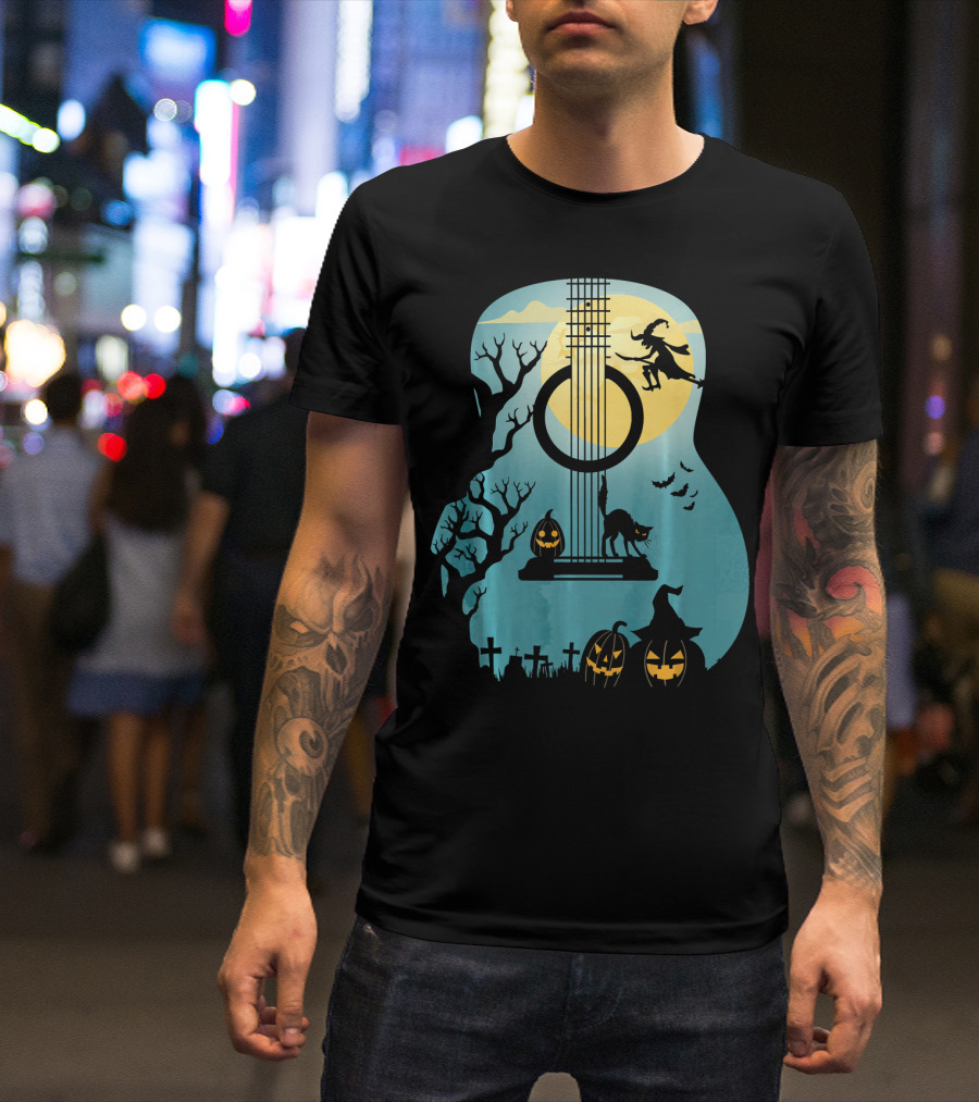 Halloween Guitar Witch Cat Pumpkins And Bat Scene T-Shirt