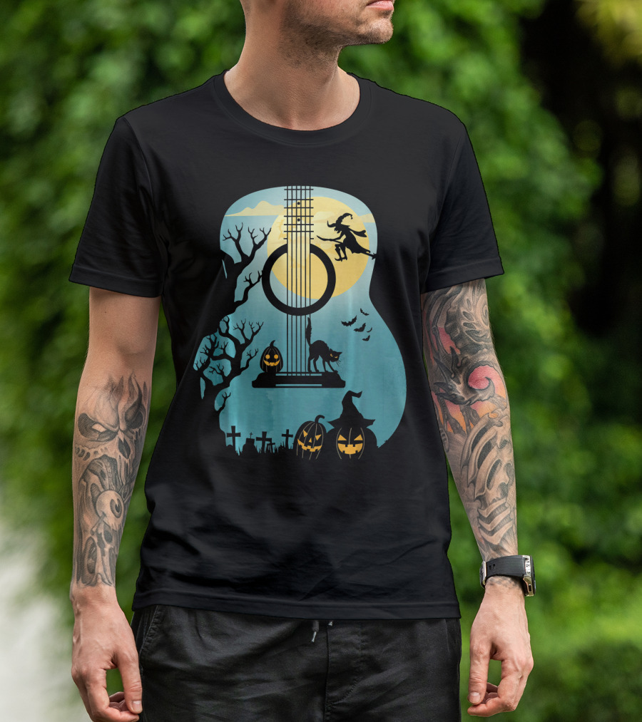 Halloween Guitar Witch Cat Pumpkins And Bat Scene T-Shirt