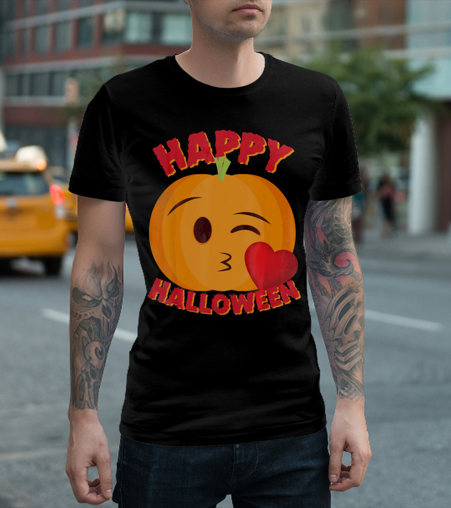 Happy Halloween Blowing Kiss Emoji Pumpkin T-Shirt
