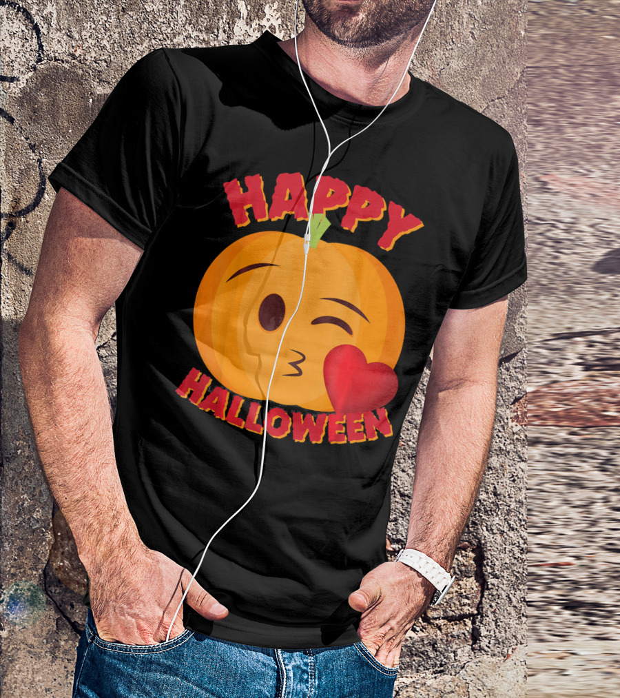 Happy Halloween Blowing Kiss Emoji Pumpkin T-Shirt