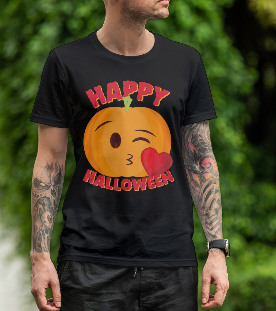 Happy Halloween Blowing Kiss Emoji Pumpkin T-Shirt