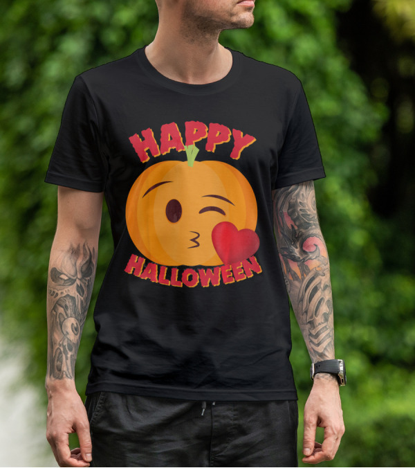 Happy Halloween Blowing Kiss Emoji Pumpkin T-Shirt