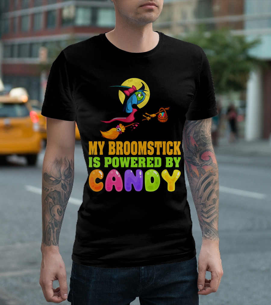 My Broomstick is Powered By Candy with Witch and Moon Scene T-Shirt