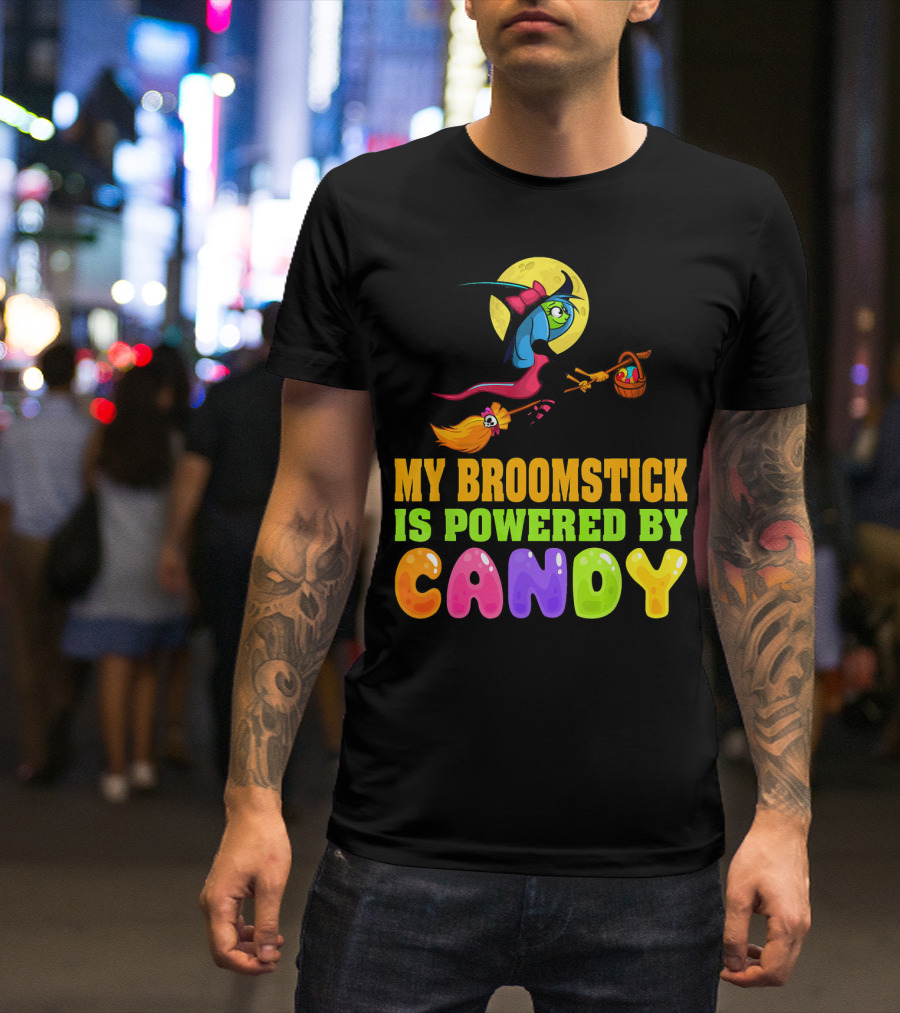 My Broomstick Is Powered By Candy With Witch And Moon Scene T-Shirt