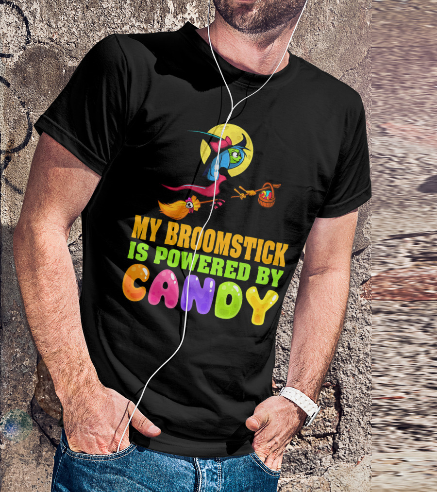 My Broomstick Is Powered By Candy With Witch And Moon Scene T-Shirt
