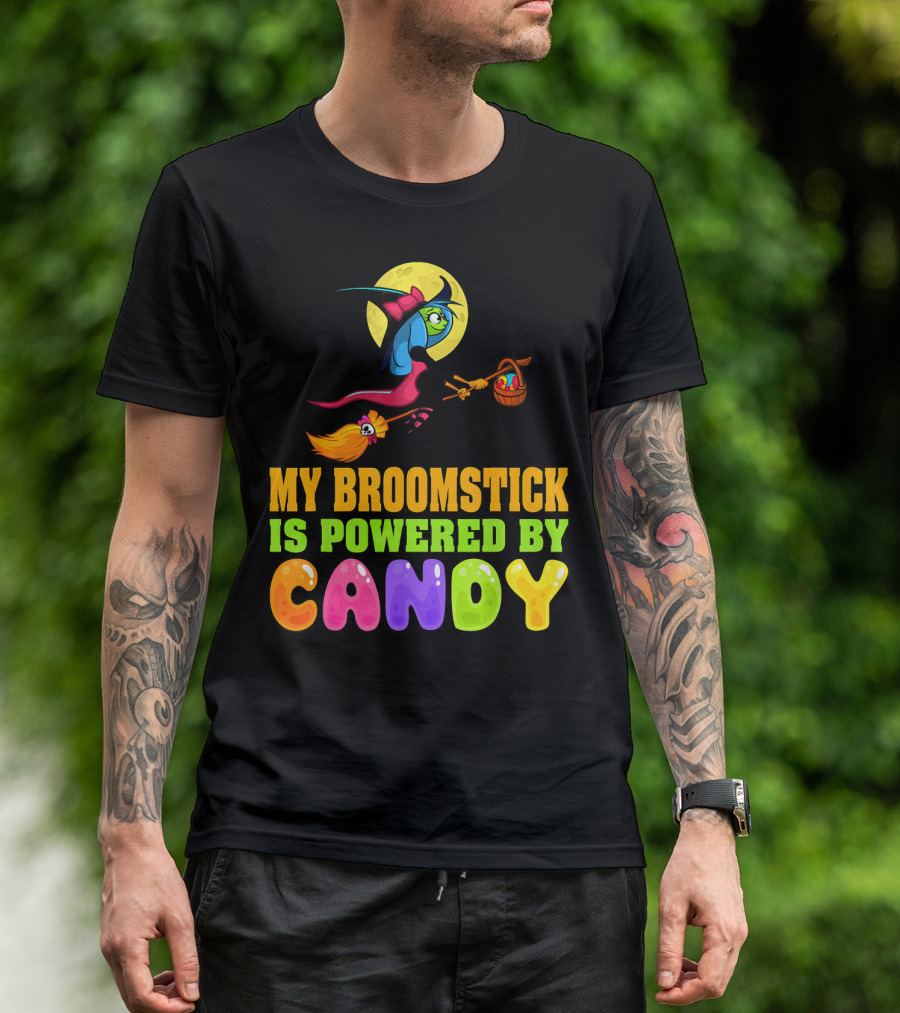 My Broomstick Is Powered By Candy With Witch And Moon Scene T-Shirt