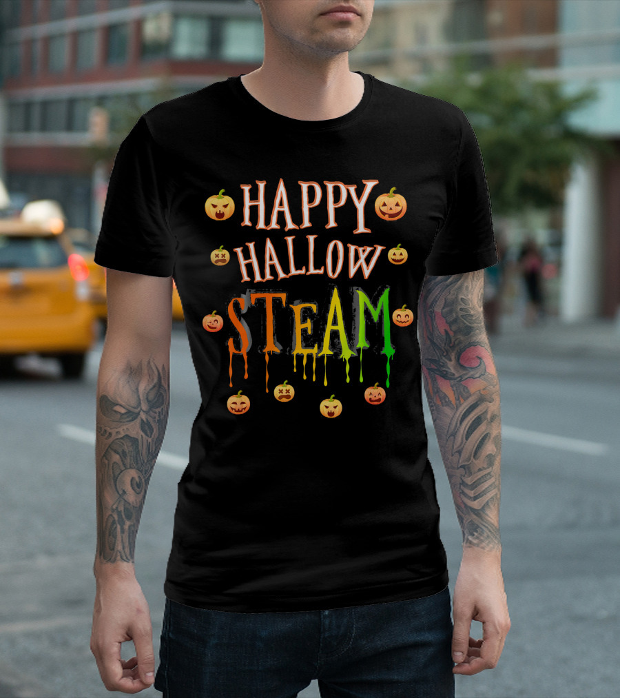 HAPPY HALLOW STEAM Pumpkin Faces Orange Green Dripping Letters T-Shirt
