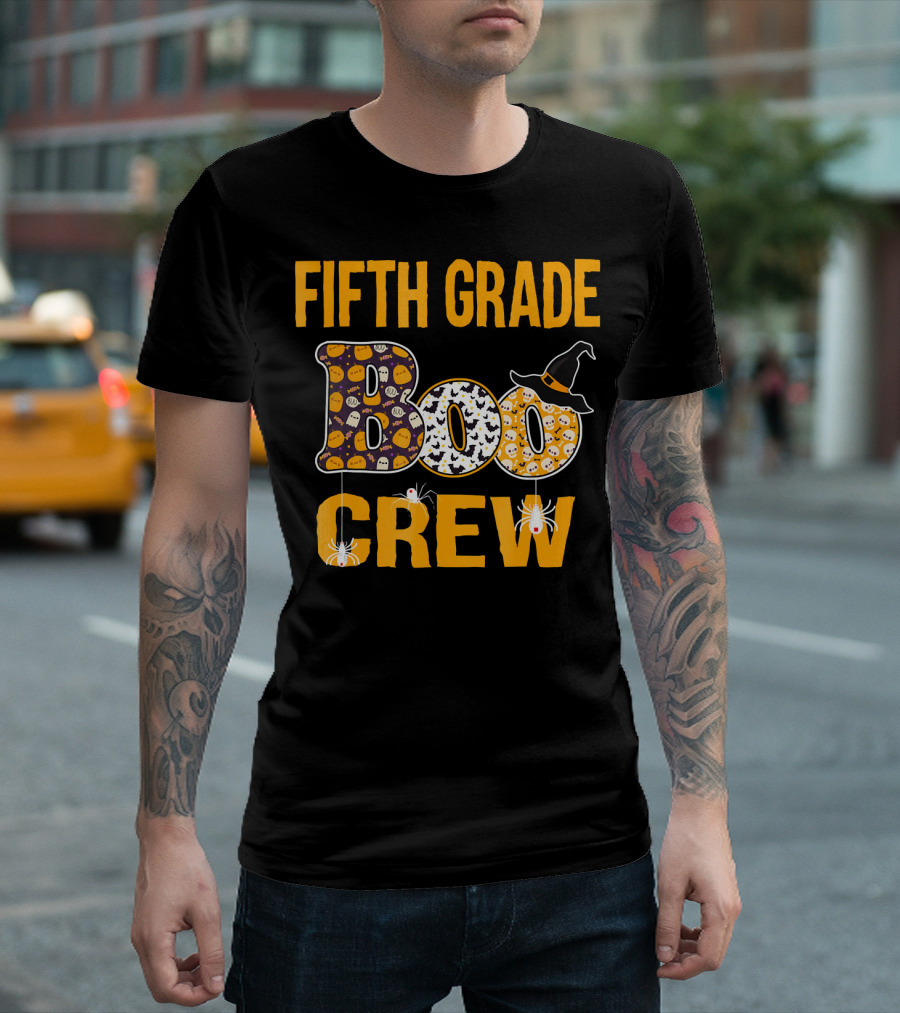 Fifth Grade Boo Crew Teacher Halloween Theme with Witch Hat and Spiders T-Shirt